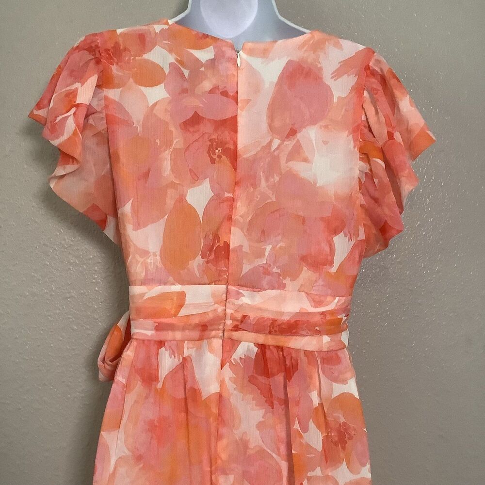 Coral Floral Feminine Romantic Tiered Babydoll Tied Waist Maxi Dress Sz 4 Summer - Picture 5 of 8